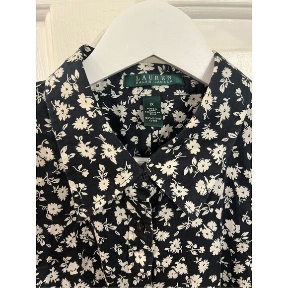 Lauren Ralph Lauren Black & White Floral Print 3/4 Sleeve Button Down Shirt sz 1 - Picture 2 of 6